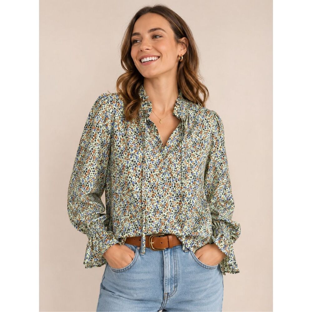 SANDRO 100% Silk Clea Ruffle Trim Floral Blouse Size 2 Printed Green